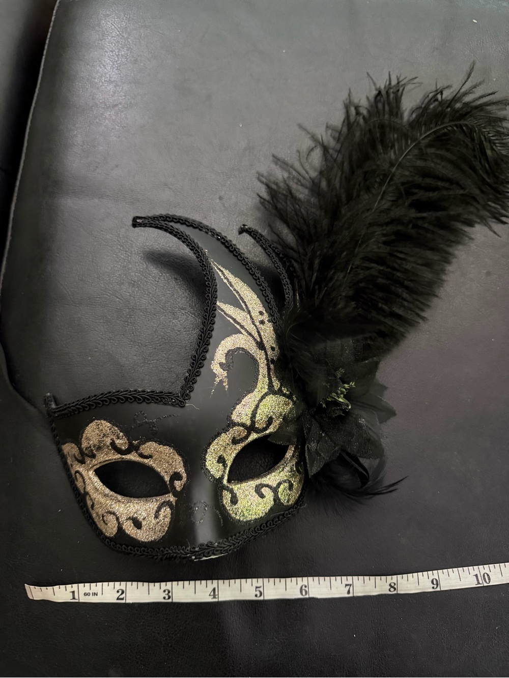 MasqStudio venetian masquerade mask glitter filigree feather Black/Gold festival